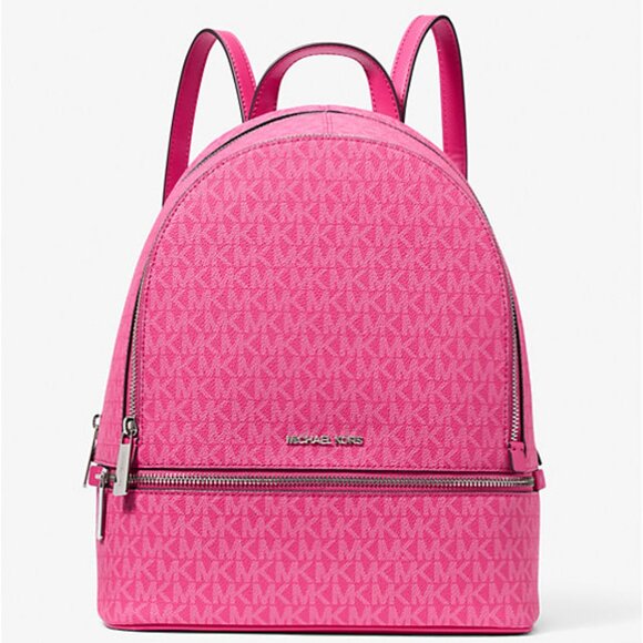 New Michael Kors Rhea Medium Signature Logo Backpack Dragon Fruit - Picture 1 of 4
